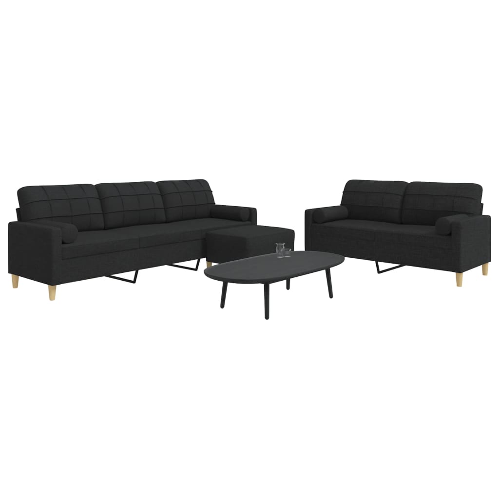 vidaXL Set canapele cu taburet și perne, 3 piese, negru, textil