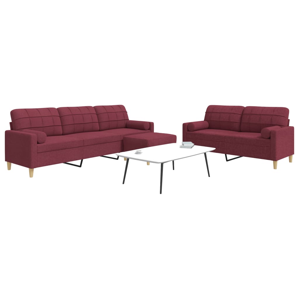 vidaXL Set canapele cu taburet și perne, 3 piese, roșu vin, textil