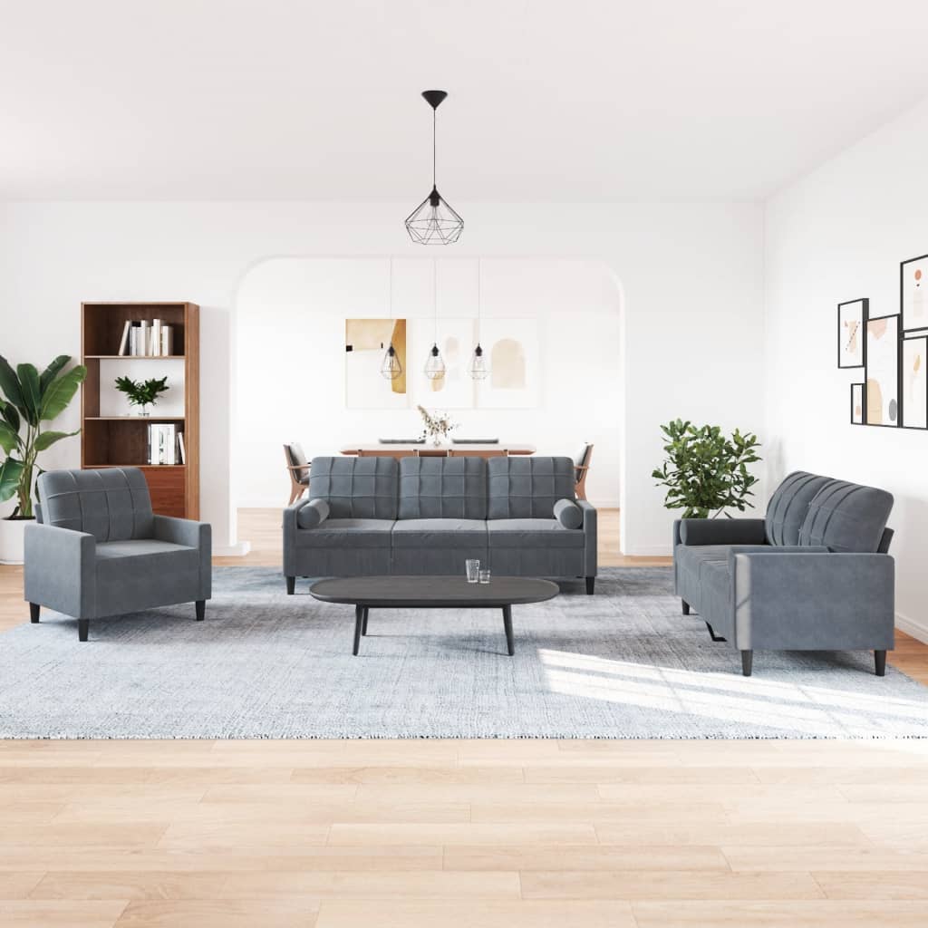 vidaXL 3-delige Loungeset met kussens en bolsters fluweel donkergrijs afbeelding