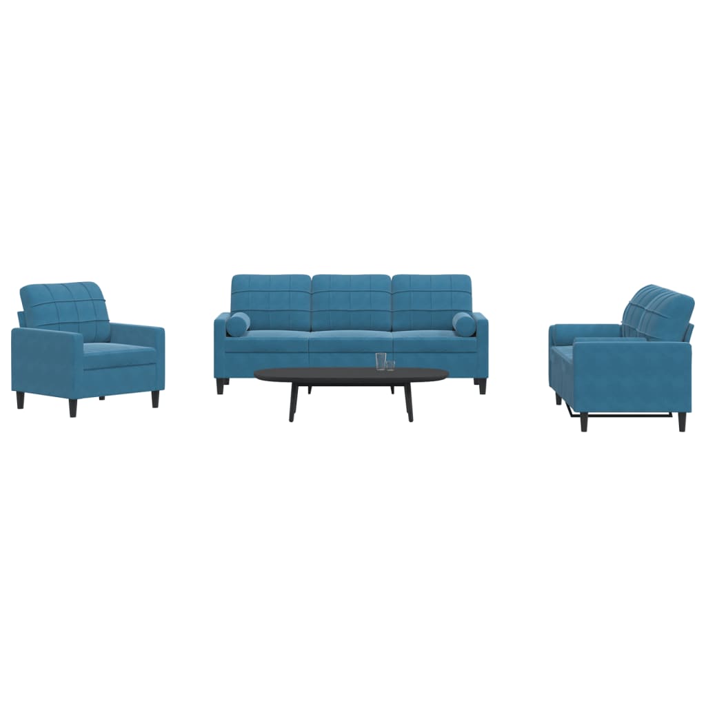 vidaXL Set de canapele cu perne/rulouri, 3 piese, albastru, catifea