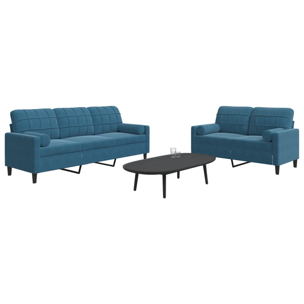vidaXL 2 pcs conjunto de sofás com almofadões e rolos veludo azul