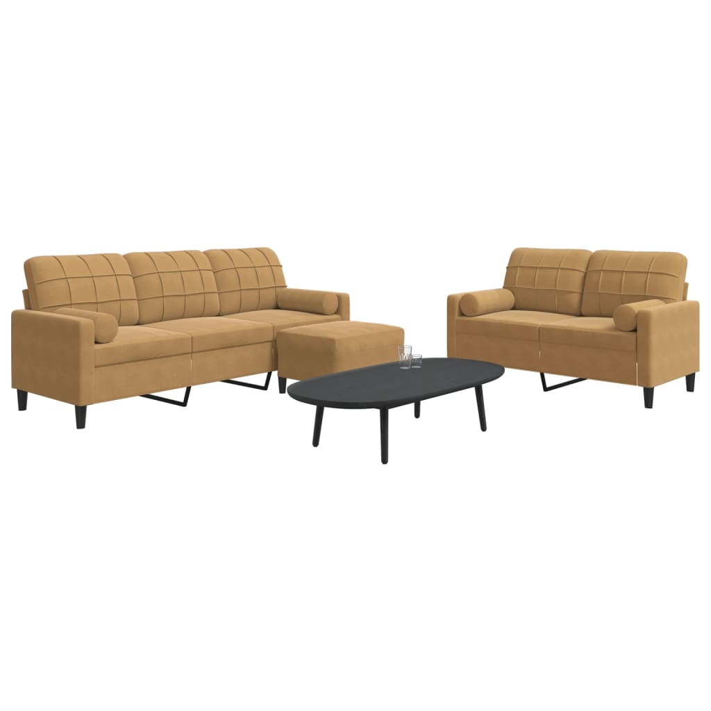 vidaXL 3 pcs conjunto de sofás com almofadões e rolos veludo castanho