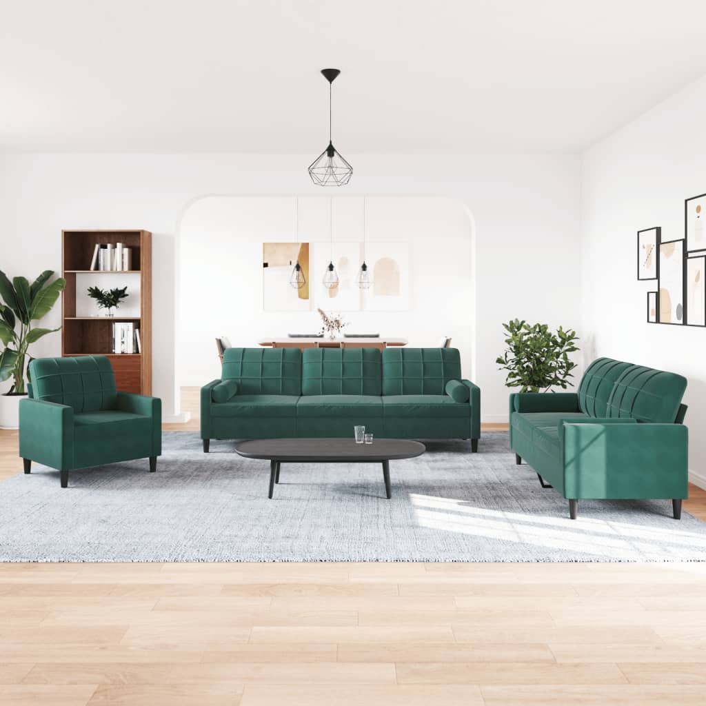 vidaXL 3-delige Loungeset met kussens en bolsters fluweel donkergroen afbeelding