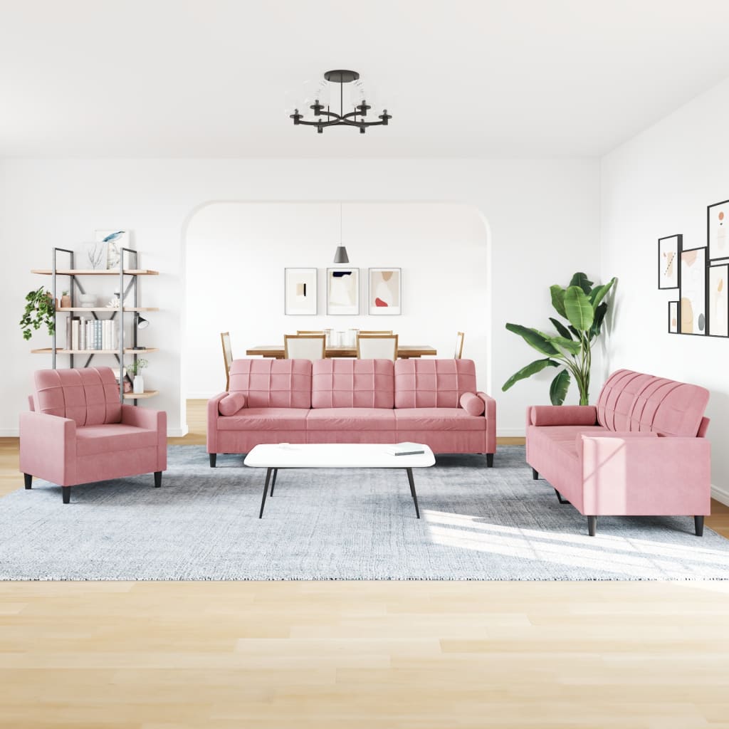 vidaXL 3-delige Loungeset met kussens en bolsters fluweel roze