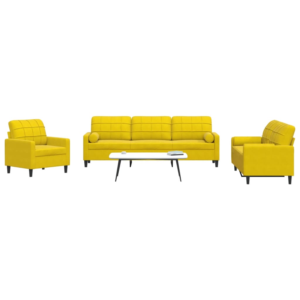 vidaXL 3 pcs conjunto de sofás com almofadões e rolos veludo amarelo