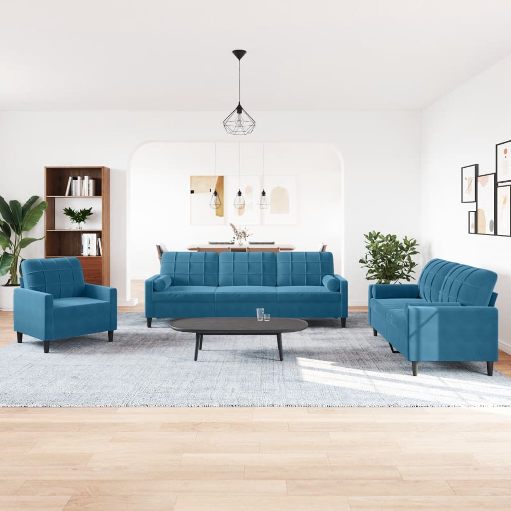 vidaXL 3-delige Loungeset met kussens en bolsters fluweel blauw afbeelding