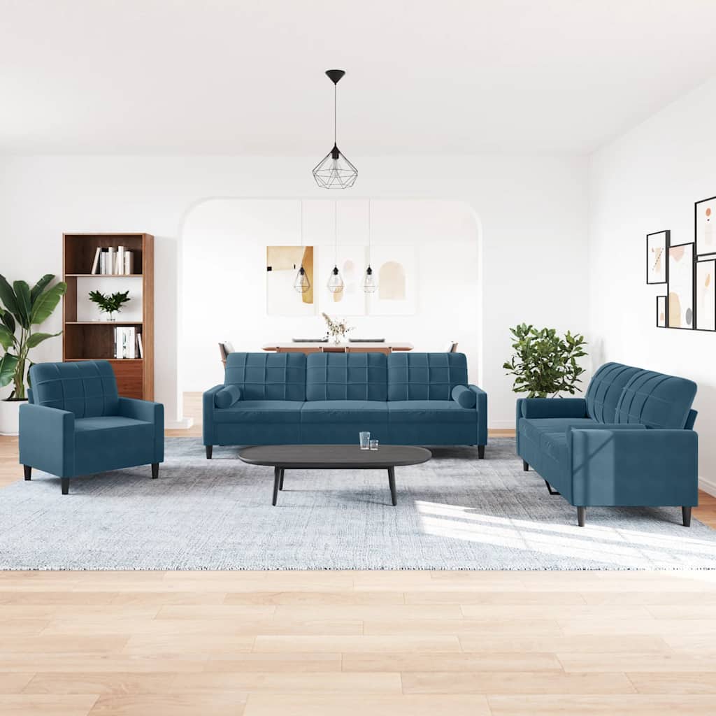 Thumbnail - vidaXL 3-tlg. Sofagarnitur mit Kissen und Nackenrollen Blau Samt