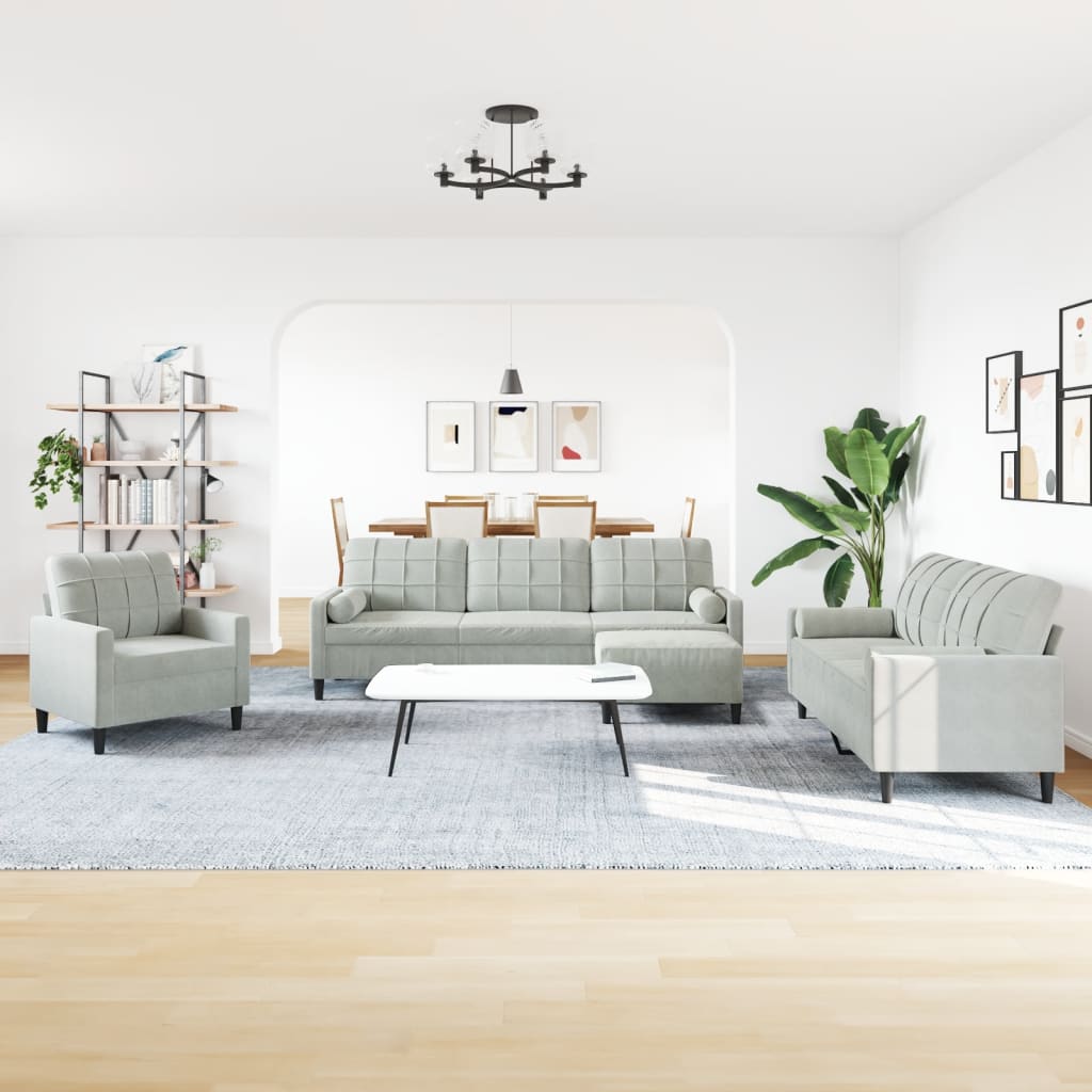 vidaXL 4-delige Loungeset met kussens en bolsters fluweel lichtgrijs afbeelding