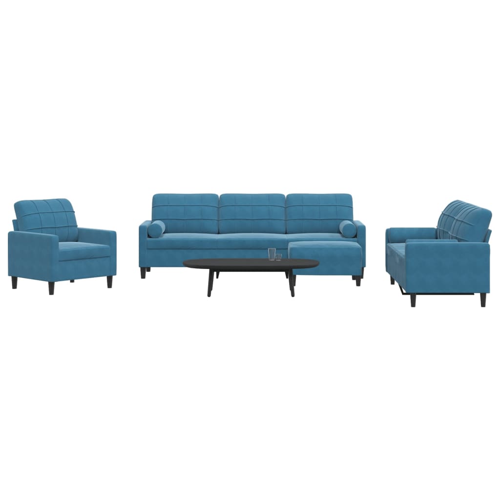 vidaXL Set de canapele cu perne/rulouri, 4 piese, albastru, catifea