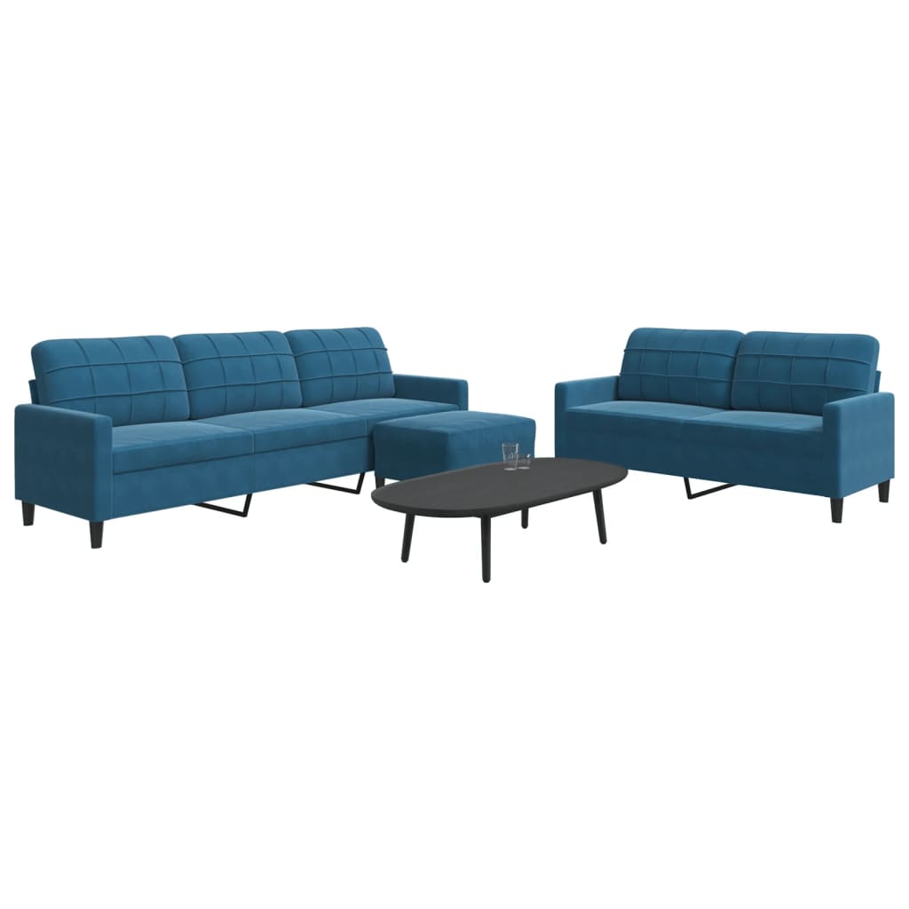 vidaXL Set de canapele cu perne, 3 piese, albastru, catifea