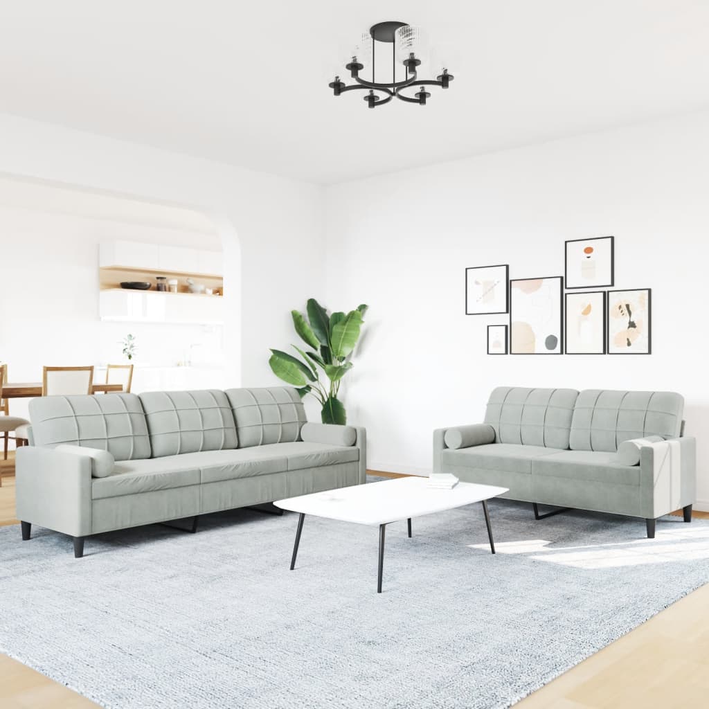 vidaXL 2-delige Loungeset met kussens en bolsters fluweel lichtgrijs afbeelding