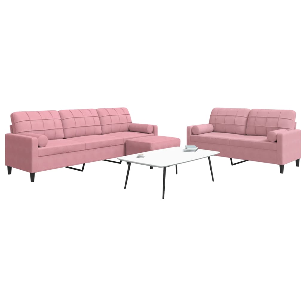 vidaXL 3 pcs conjunto de sofás com almofadões e rolos veludo rosa