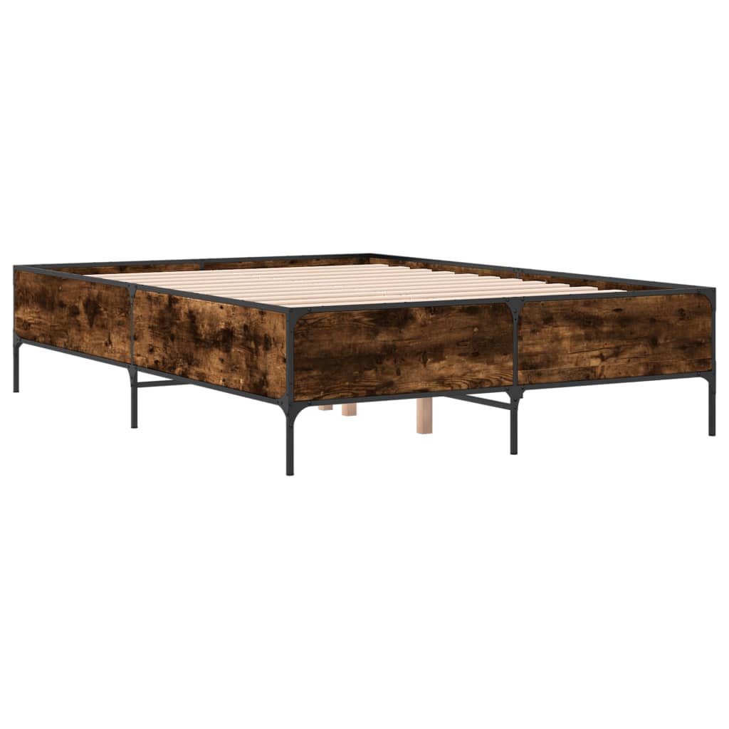 vidaXL Bedframe bewerkt hout metaal gerookt eikenkleurig 150x200 cm, foto 2