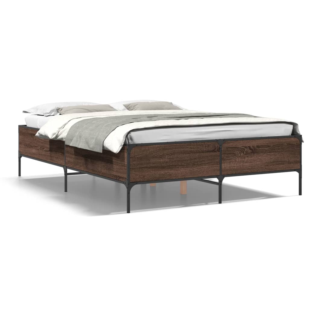 vidaXL Bedframe bewerkt hout metaal bruin eikenkleur 135x190 cm, foto 3