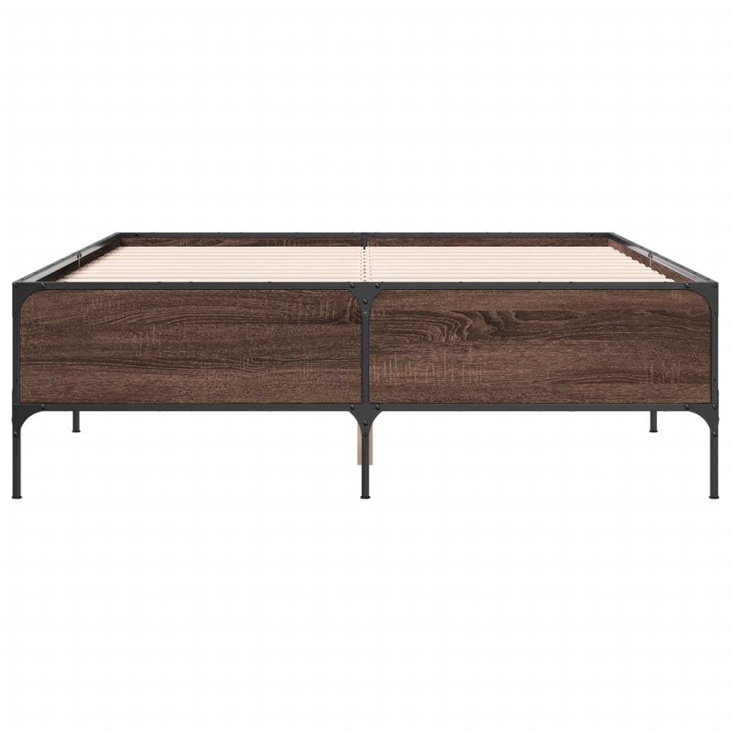 vidaXL Bedframe bewerkt hout metaal bruin eikenkleur 135x190 cm, foto 4