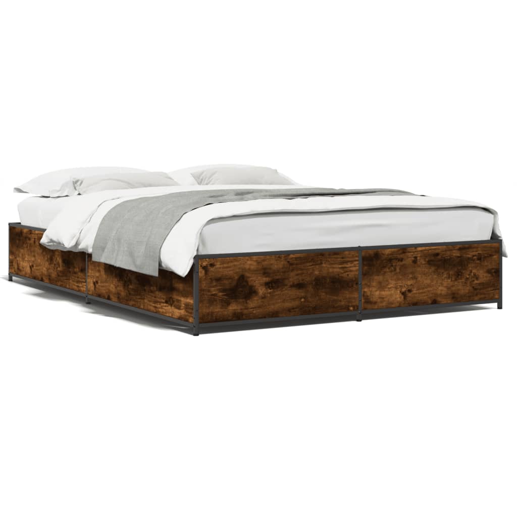vidaXL Cadru de pat, stejar fumuriu 150x200 cm lemn prelucrat și metal
