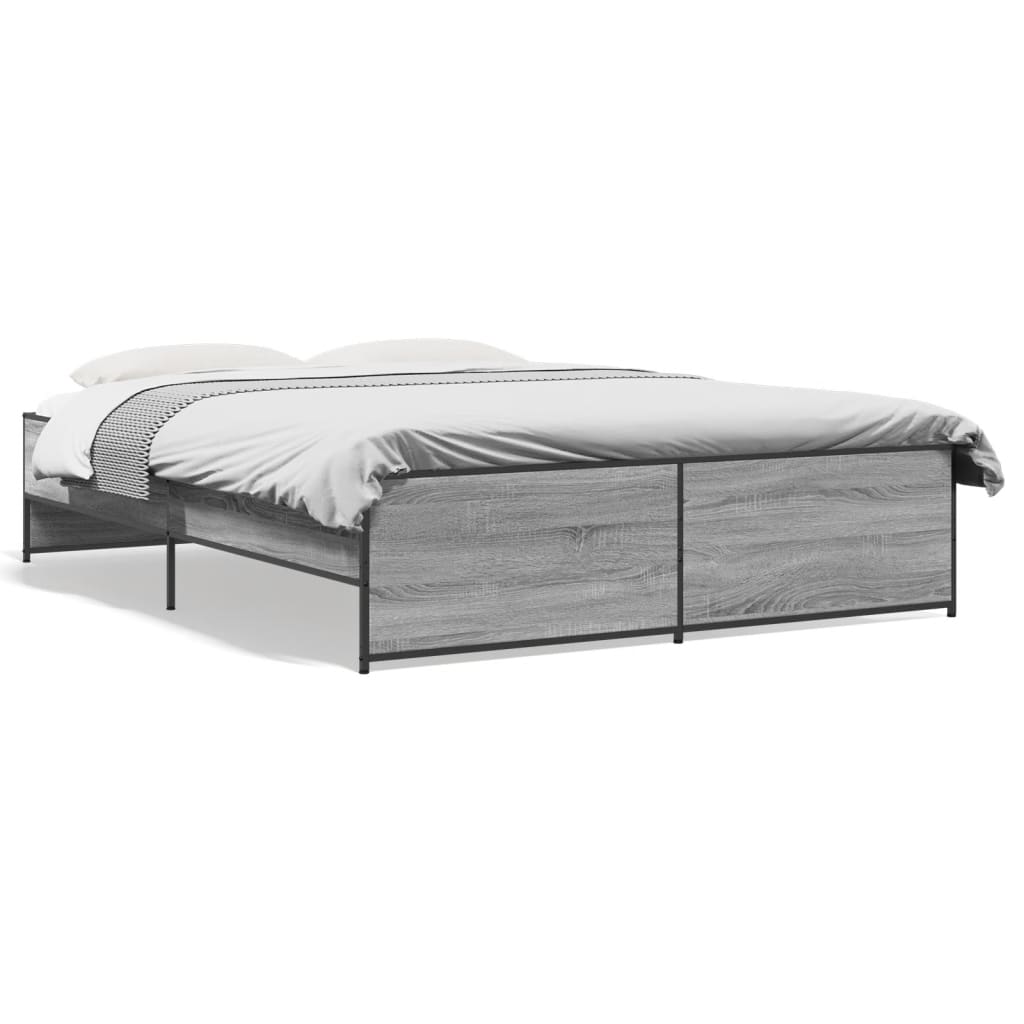 vidaXL Bedframe bewerkt hout metaal grijs sonoma eiken 150x200 cm, foto 3