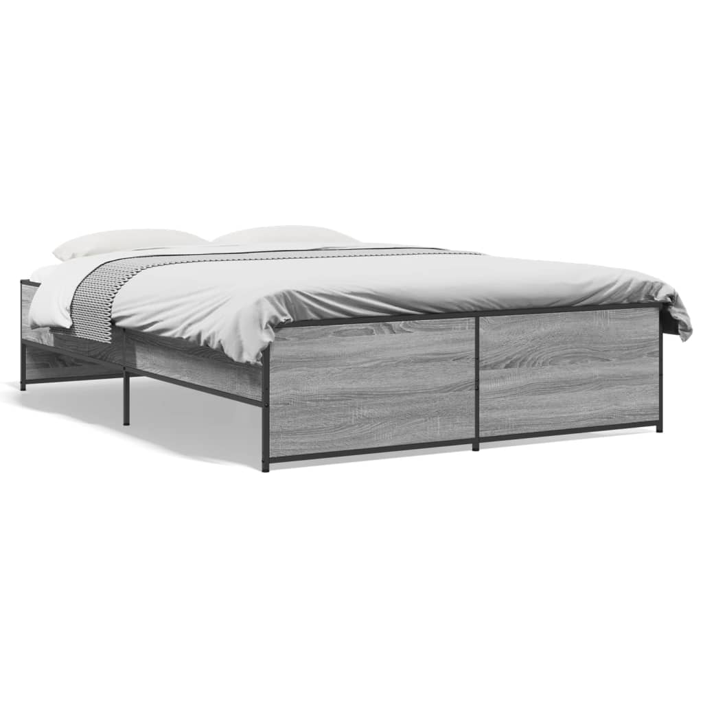 vidaXL Cadru de pat, gri sonoma, 135x190 cm, lemn prelucrat și metal