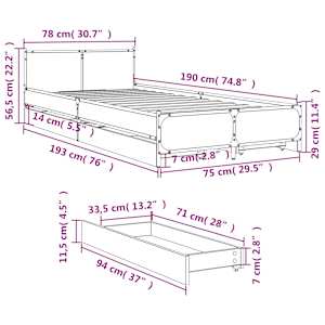 Rám postele se zásuvkami černý 75 x 190 cm kompozitní dřevo - obrázek 10