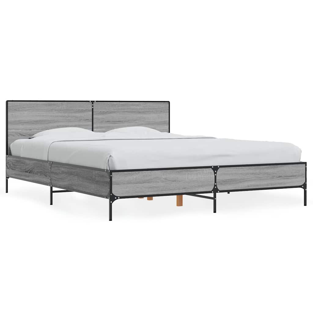 vidaXL Bedframe bewerkt hout metaal grijs sonoma eiken 150x200 cm, foto 3