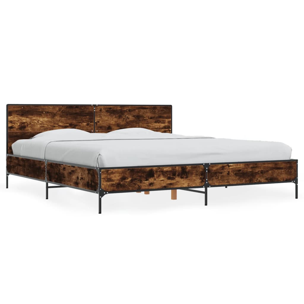 vidaXL Bedframe bewerkt hout metaal gerookt eikenkleurig 200x200 cm, foto 3