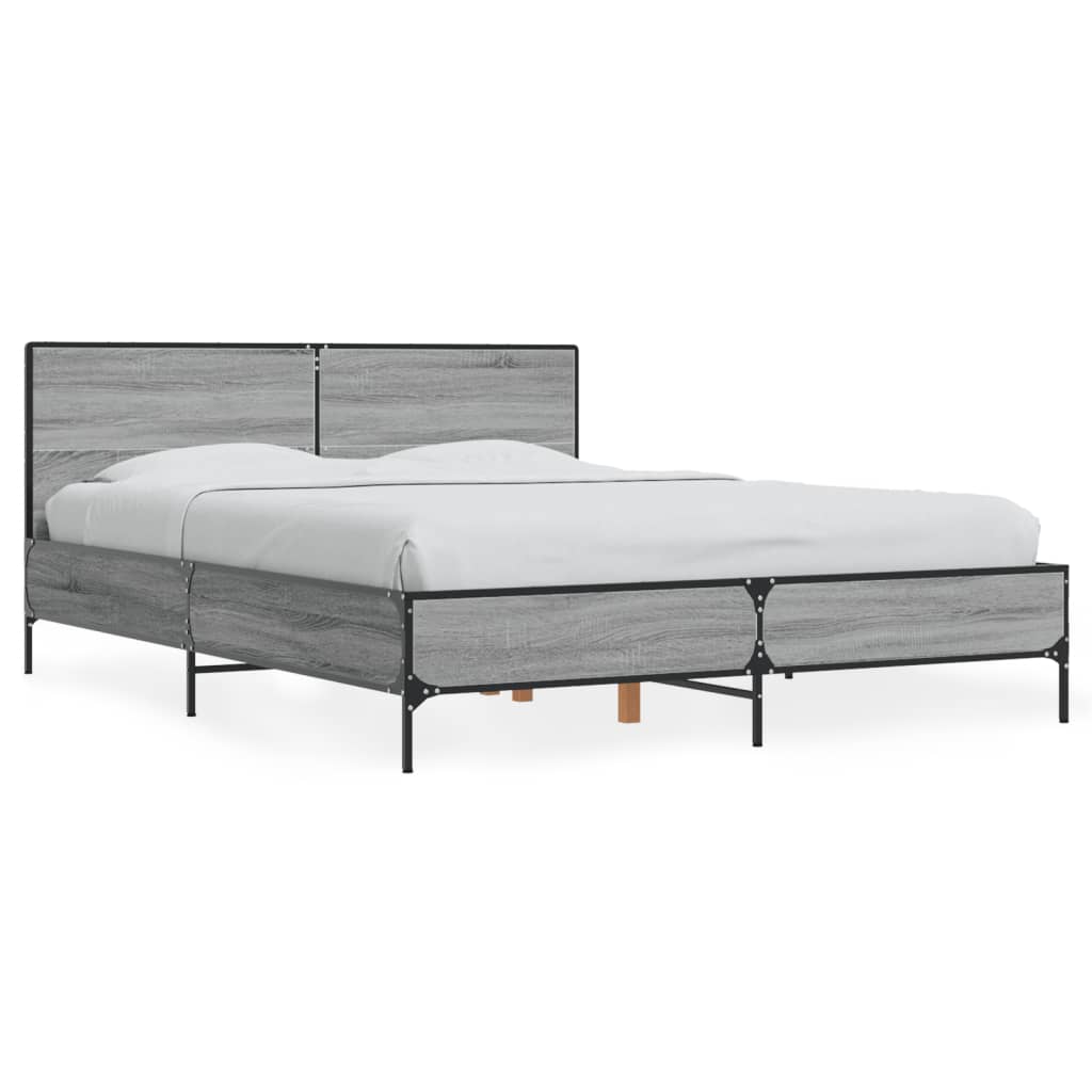 vidaXL Bedframe bewerkt hout metaal grijs sonoma eiken 135x190 cm, foto 3