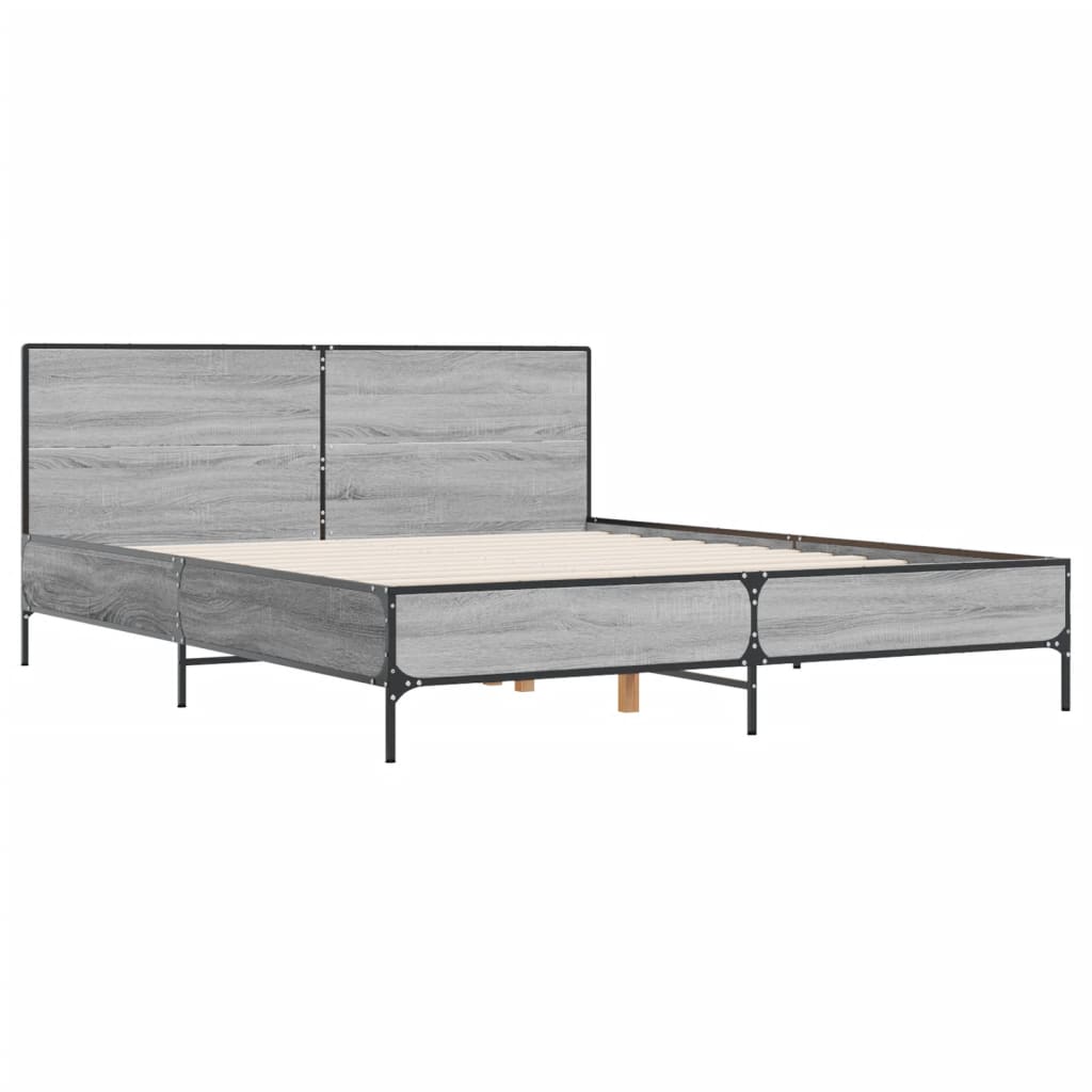 vidaXL Bedframe bewerkt hout metaal grijs sonoma eiken 135x190 cm, foto 2