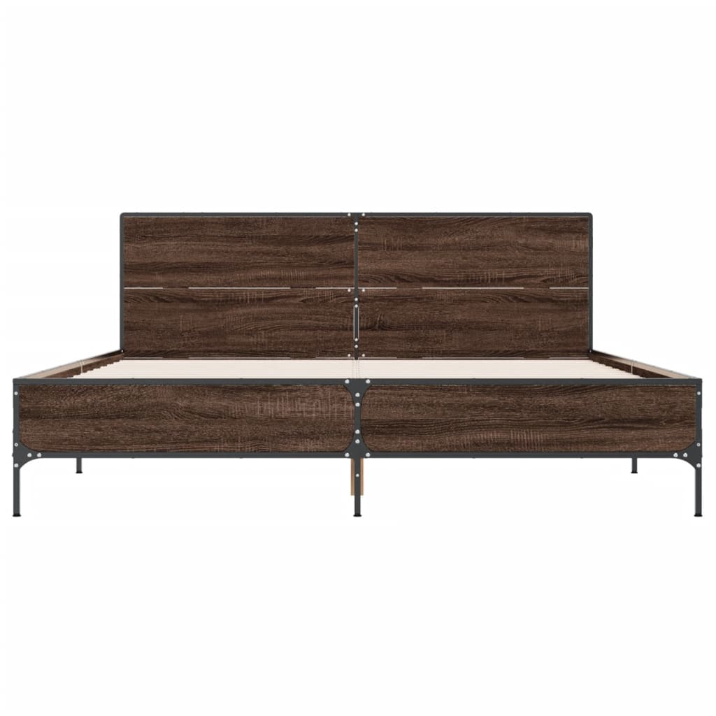vidaXL Bedframe bewerkt hout metaal bruin eikenkleur 135x190 cm, foto 4