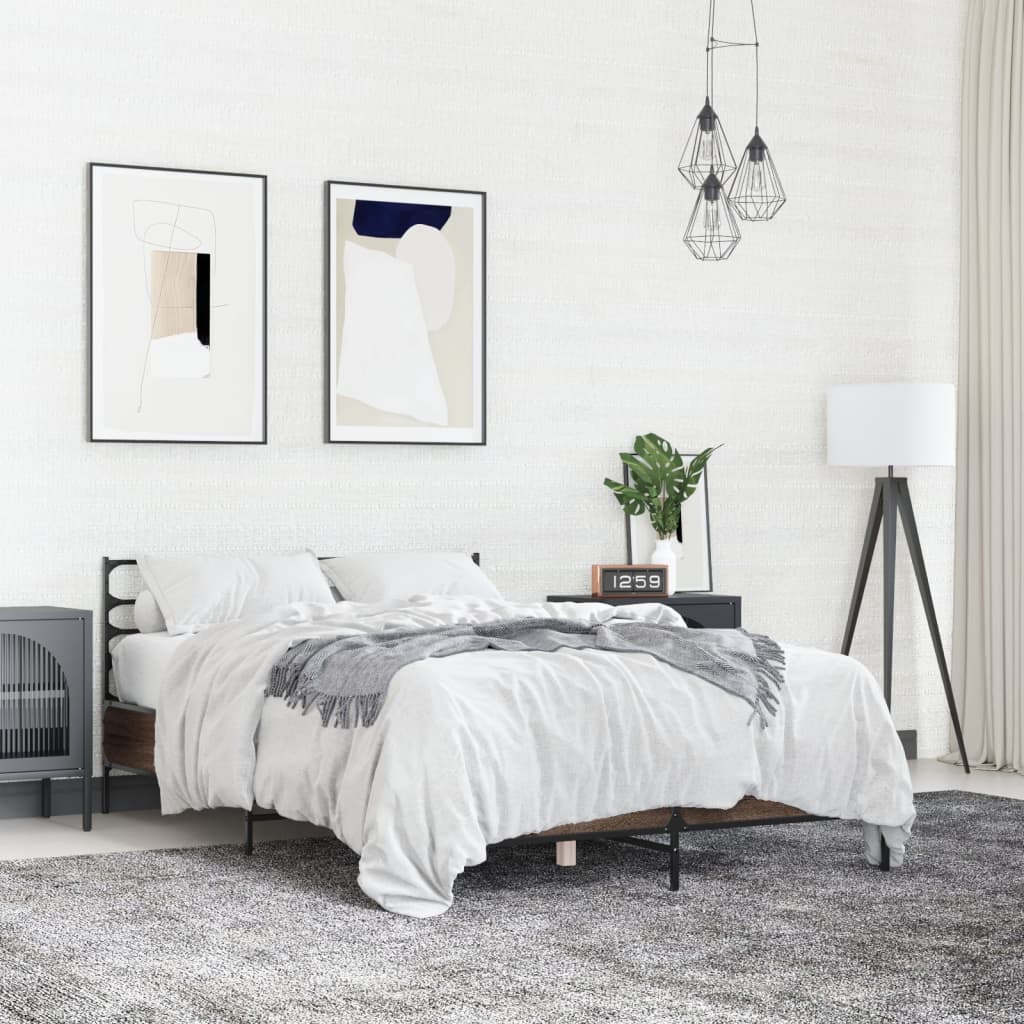 vidaXL Sängynrunko ruskea tammi 140x200 cm tekninen puu ja metalli
