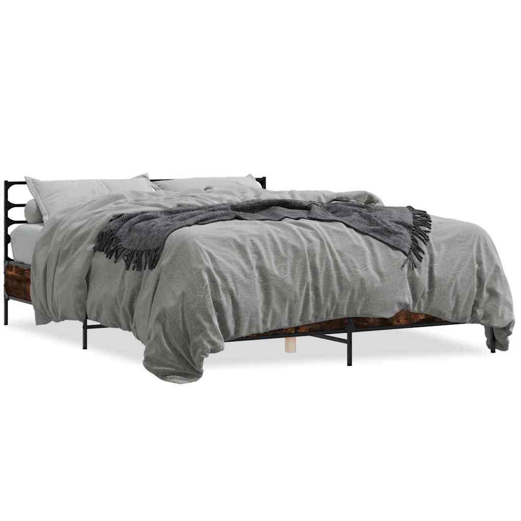 vidaXL Bedframe bewerkt hout metaal gerookt eikenkleurig 150x200 cm, foto 3