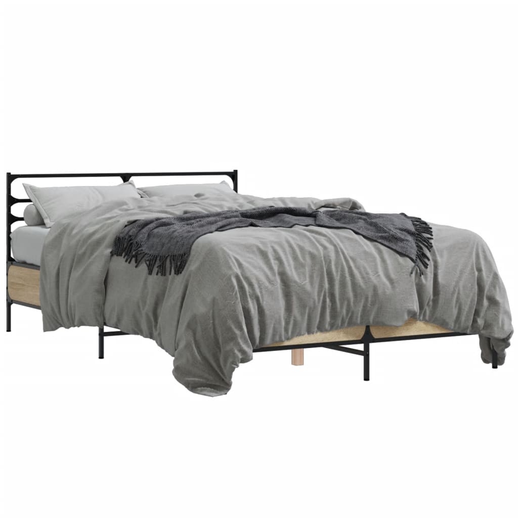 vidaXL Bedframe bewerkt hout metaal sonoma eikenkleurig 135x190 cm, foto 3