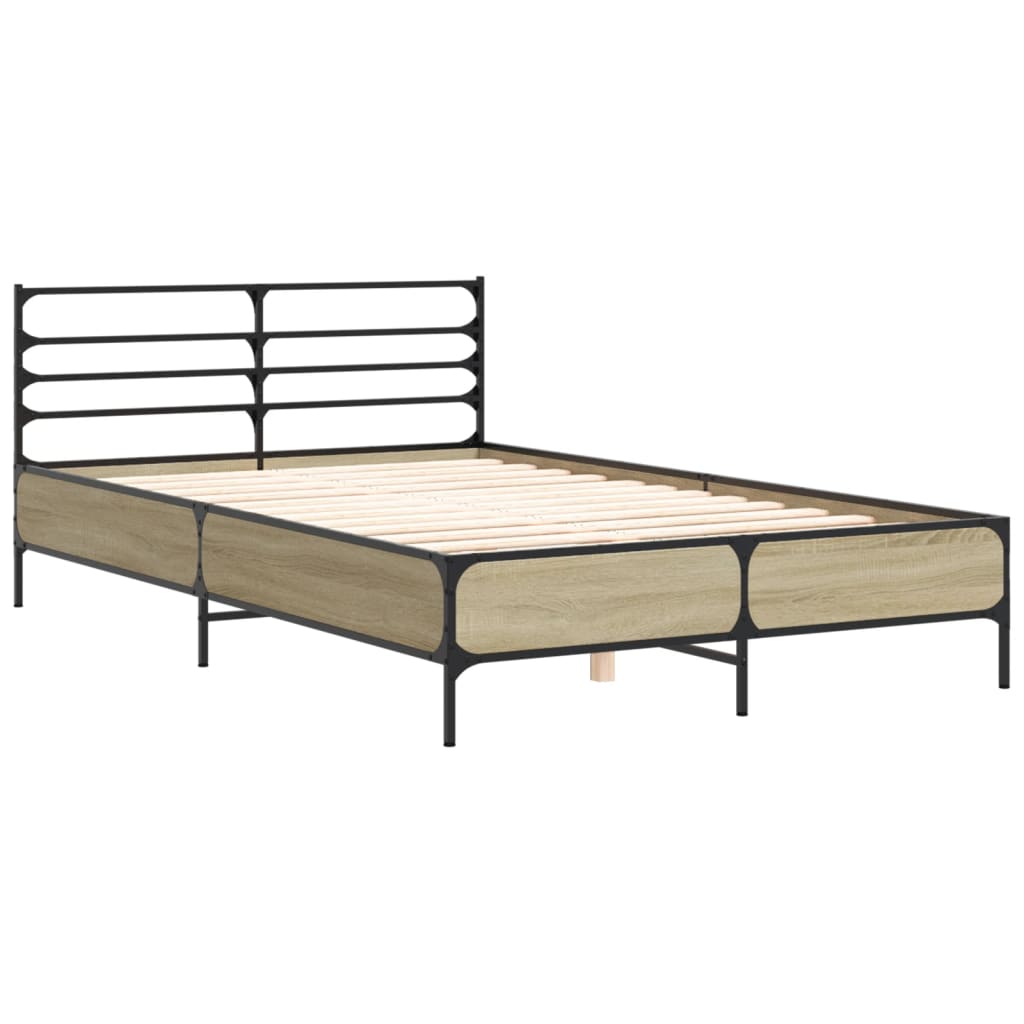 vidaXL Bedframe bewerkt hout metaal sonoma eikenkleurig 135x190 cm, foto 2
