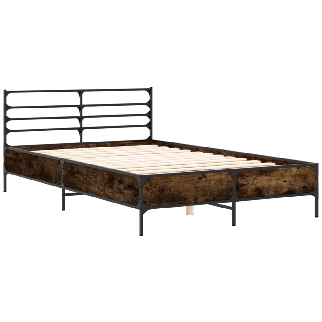 vidaXL Bedframe bewerkt hout metaal gerookt eikenkleurig 135x190 cm afbeelding