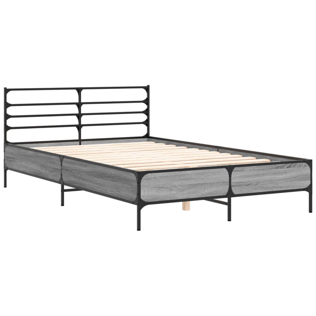 vidaXL Bedframe bewerkt hout metaal grijs sonoma eiken 135x190 cm afbeelding