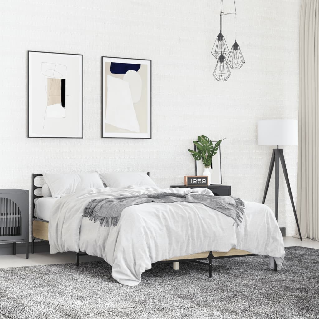 vidaXL Sängynrunko Sonoma-tammi 140x190 cm tekninen puu ja metalli