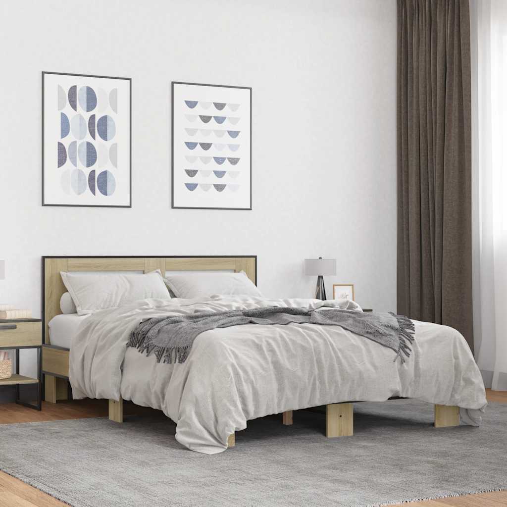 vidaXL Sängynrunko Sonoma-tammi 140x190 cm tekninen puu ja metalli