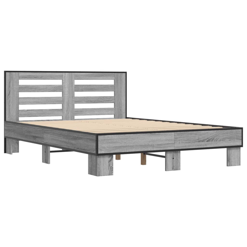 vidaXL Bedframe bewerkt hout metaal grijs sonoma eiken 135x190 cm afbeelding