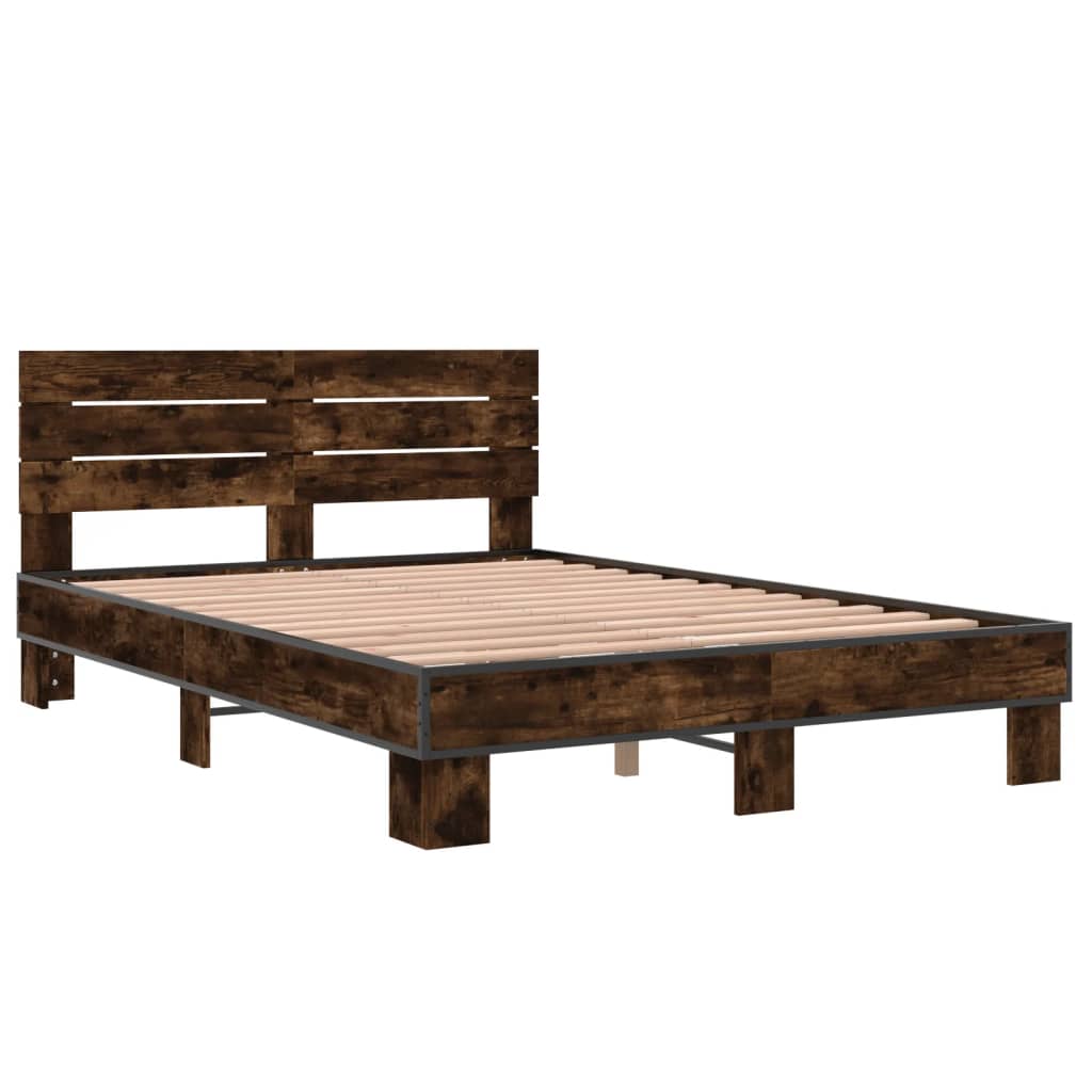 vidaXL Bedframe bewerkt hout metaal gerookt eikenkleurig 140x190 cm afbeelding