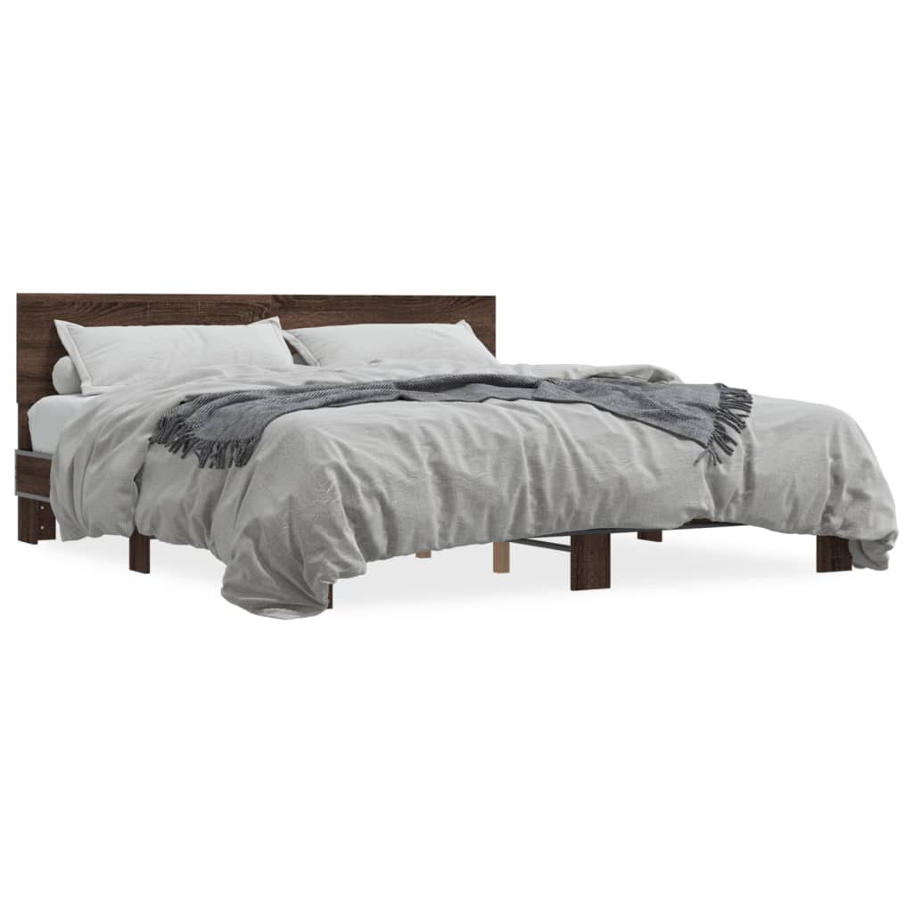vidaXL Cadru de pat, stejar maro, 200x200 cm, lemn prelucrat și metal