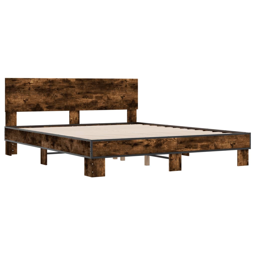 vidaXL Bedframe bewerkt hout metaal gerookt eikenkleurig 150x200 cm afbeelding