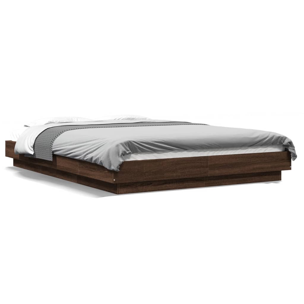 vidaXL Cadru de pat cu LED, stejar maro, 135x190 cm, lemn prelucrat