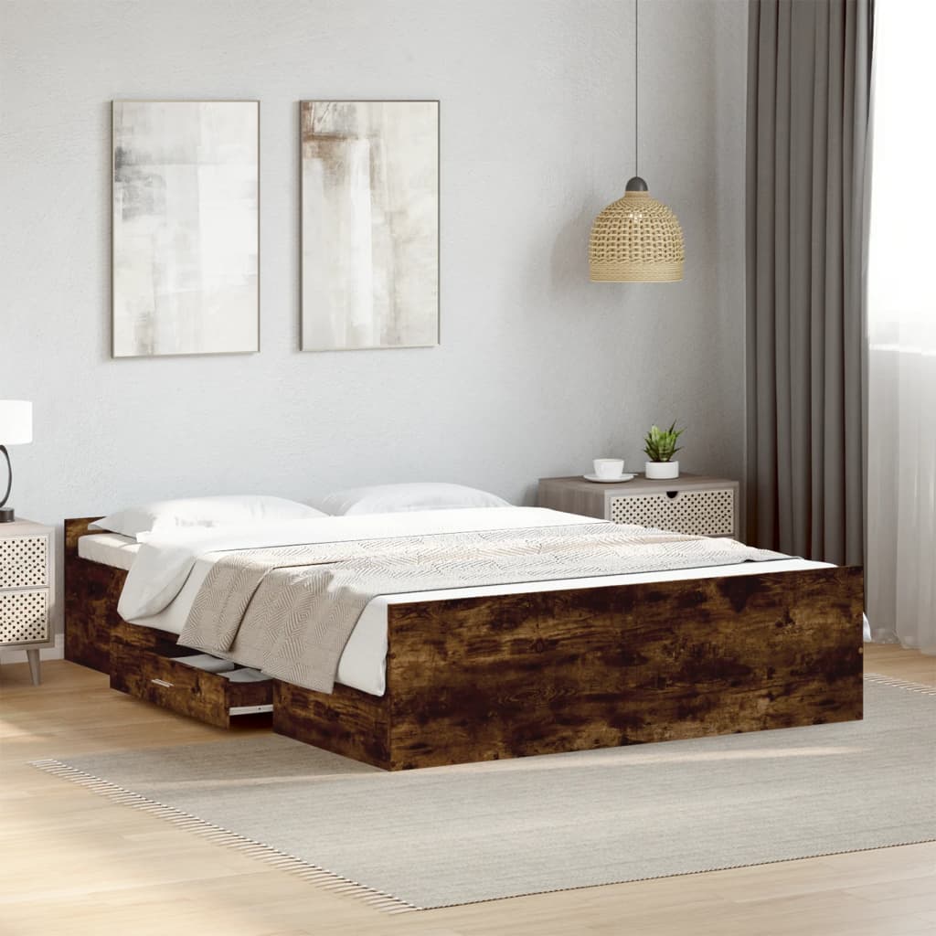 vidaXL sengeramme med skuffer 135x190 cm konstrueret træ røget eg