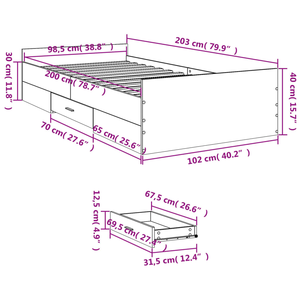 Rama łóżka z szufladami 203x102x40 brązowa