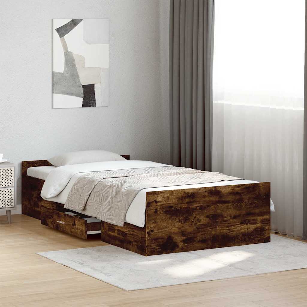 vidaXL Sängynrunko laatikoilla savutammi 75x190 cm tekninen puu