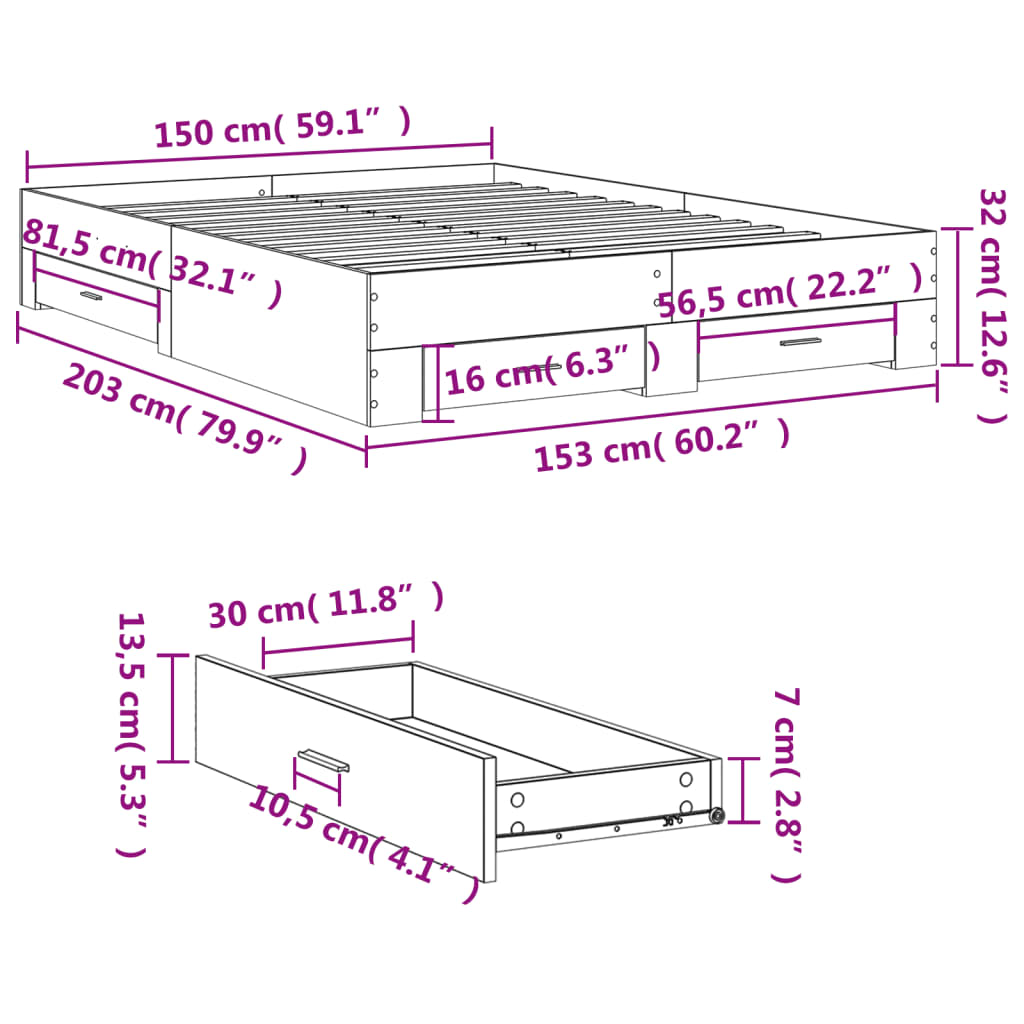 Rama łóżka z szufladami Modern Storage 203x153x32 cm, szarość betonu