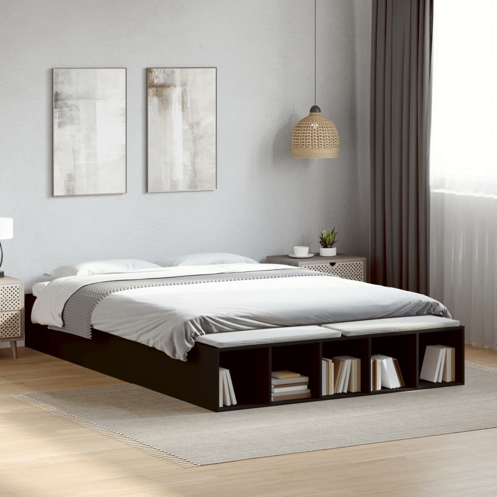Sengestel med opbevaring 150 x 200 cm - sort konstrueret træ