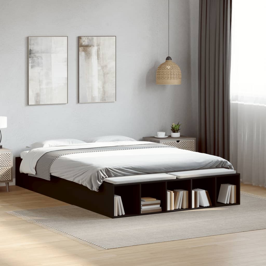 Sengestel med opbevaring 135x190 cm - sort konstrueret træ