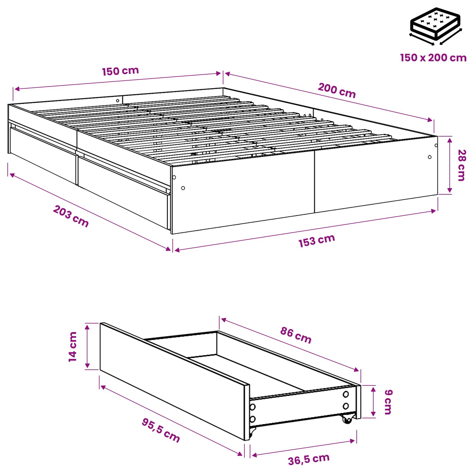 vidaXL Bettgestell mit Schubladen Betongrau 150x200 cm Holzwerkstoff – Bild 10
