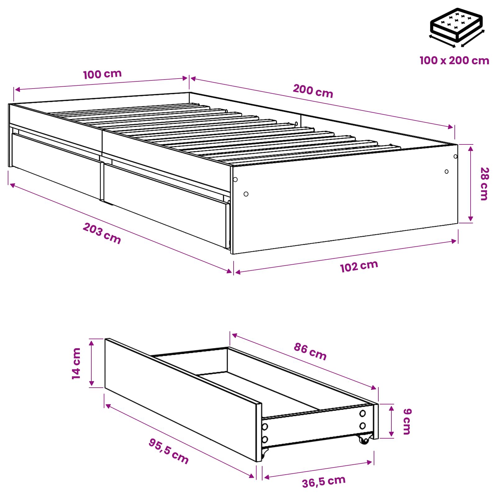 vidaXL Bettgestell mit Schubladen Weiß 100x200 cm Holzwerkstoff – Bild 10