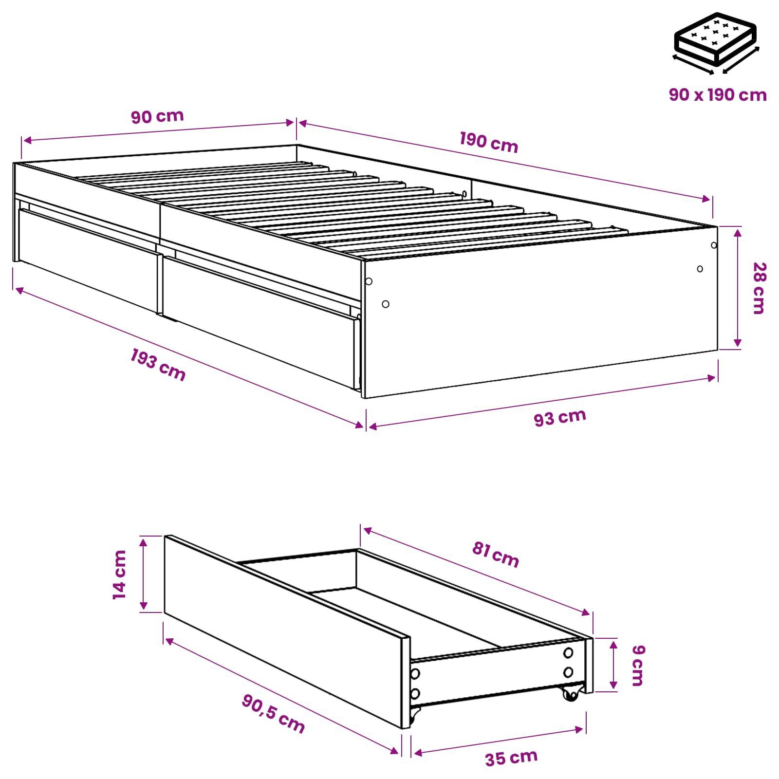 vidaXL Bettgestell mit Schubladen Betongrau 90x190 cm Holzwerkstoff – Bild 10